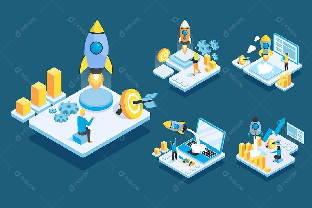 homem isomético trabalhando para configurar com computador portátil em personagem de desenho animado, design de ilustração vetorial plana