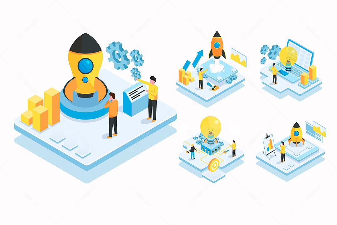 homem isomético trabalhando para configurar com computador portátil em personagem de desenho animado, design de ilustração vetorial plana