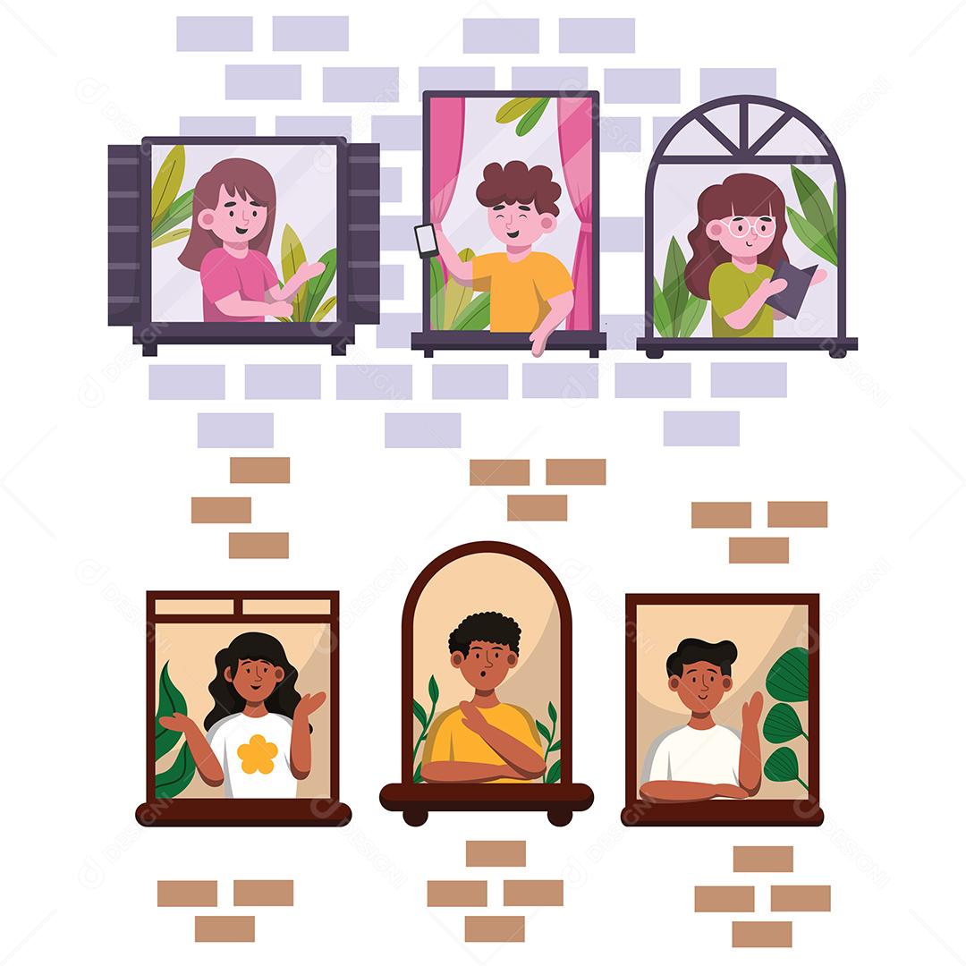 Jovem e mulher na janela usam smartphone e conversam juntos em personagem de desenho animado, ilustração vetorial plana