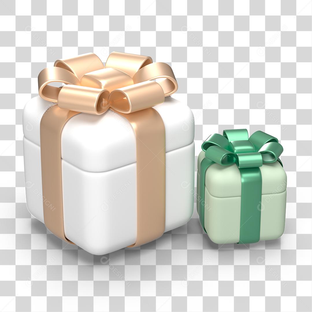 Caixas de Presentes Branca e Verde Elemento 3D PNG Transparente