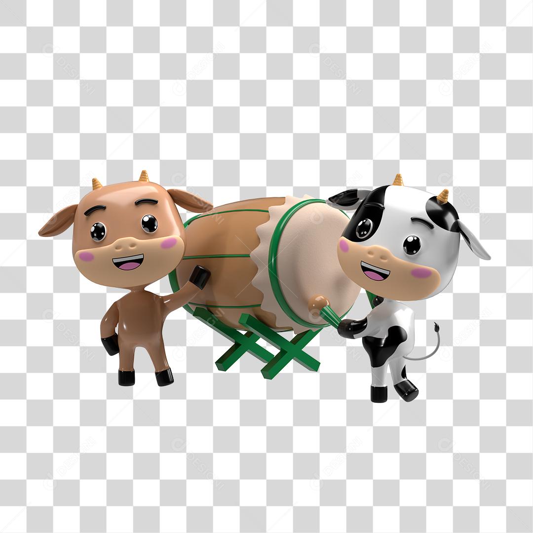 Desenho 3D Filhote de Vaca e Ovelha Brincando PNG Transparente