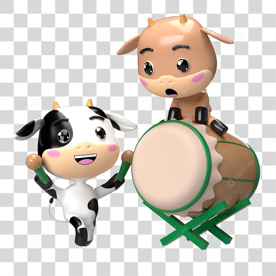 Desenho 3D Filhote de Vaca e Ovelha Brincando PNG Transparente