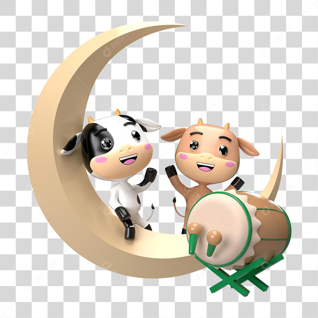 Desenho 3D Filhote de Vaca e Ovelha Brincando PNG Transparente