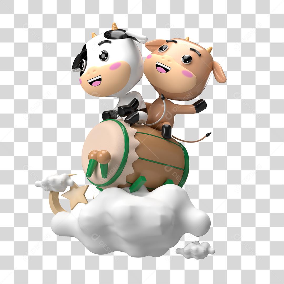 Desenho 3D Filhote de Vaca e Ovelha Brincando em Nuvem PNG Transparente
