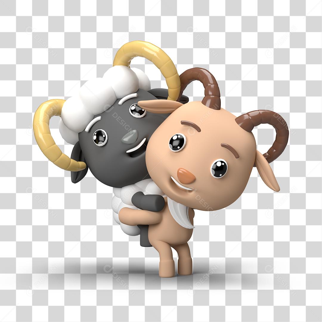 Desenho 3D Filhote de Vaca e Ovelha Brincando PNG Transparente