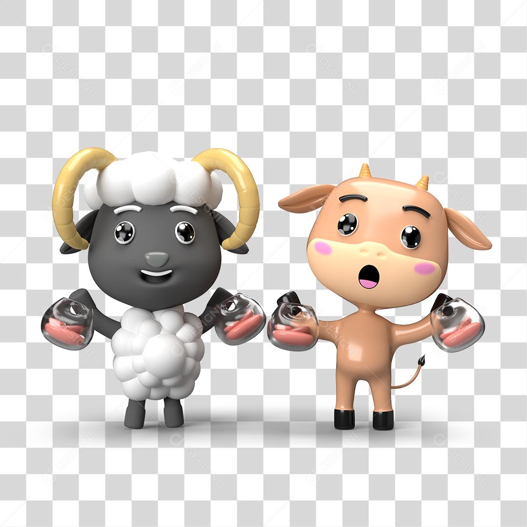 Desenho 3D Filhote de Vaca e Ovelha Brincando PNG Transparente