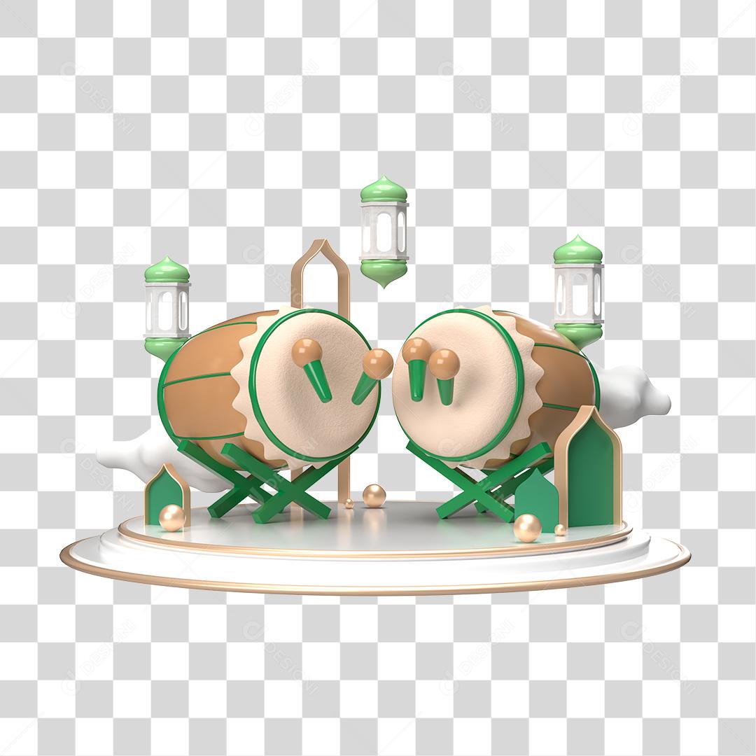 Pódio branco 3D com elemento instrumental e porta verde