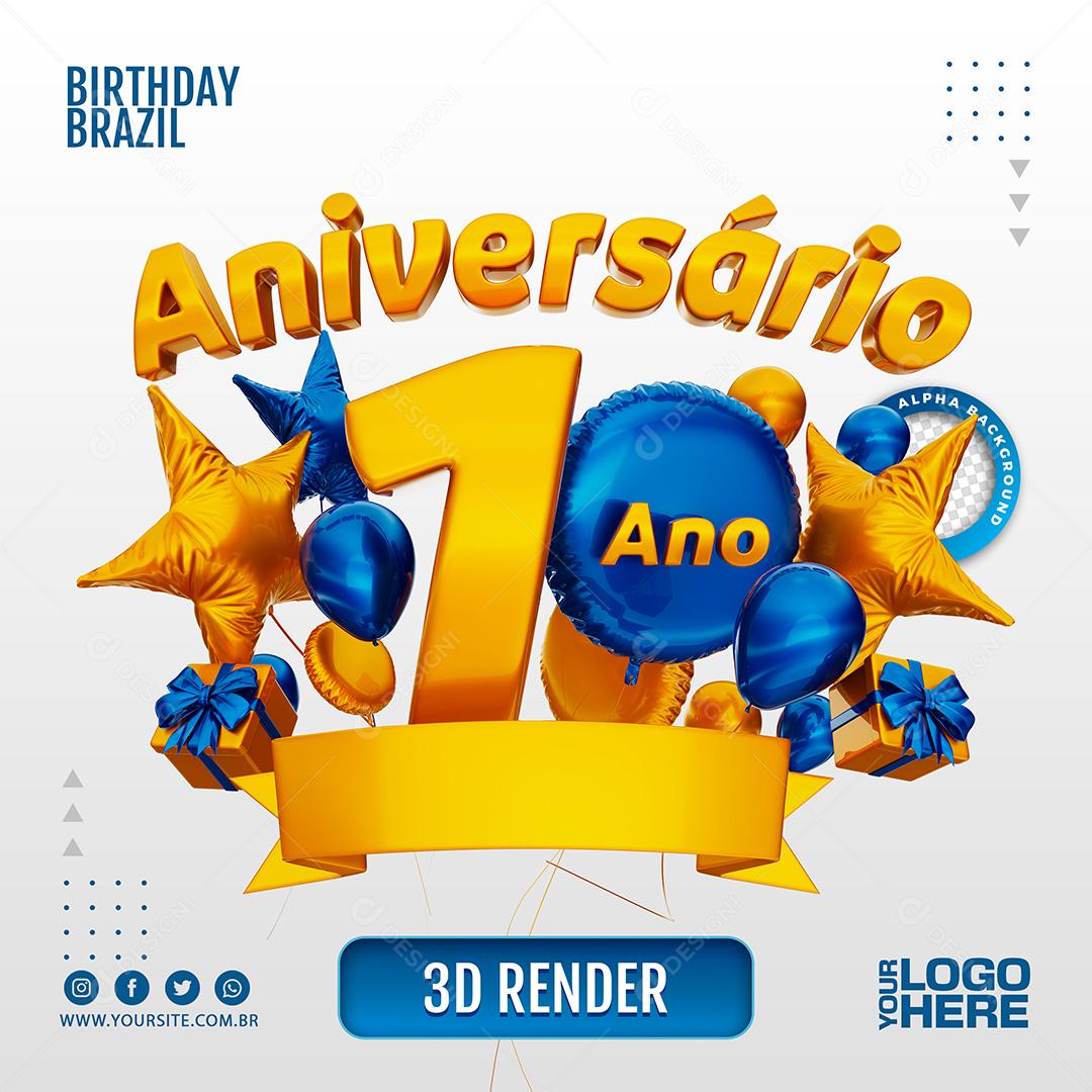 Aniversário 1 Ano Selo 3D Azul para Composição PSD