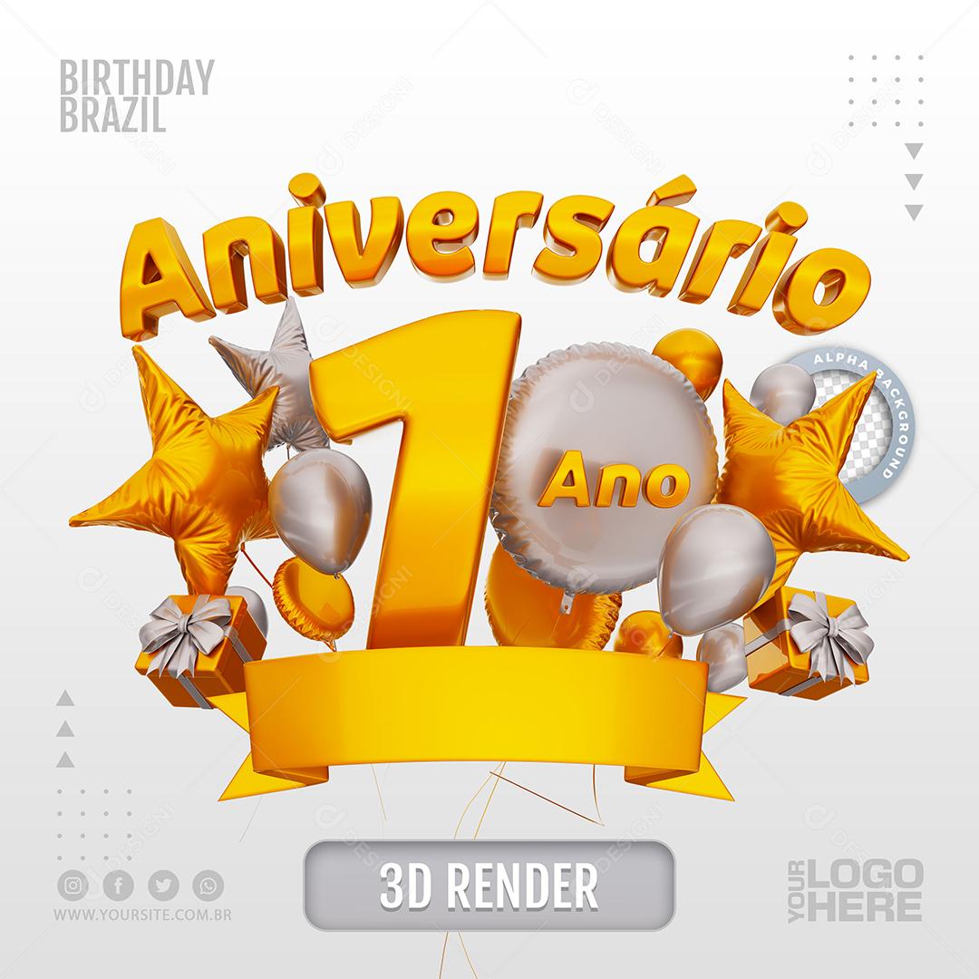 Aniversário 1 Ano Selo 3D Branco para Composição PSD