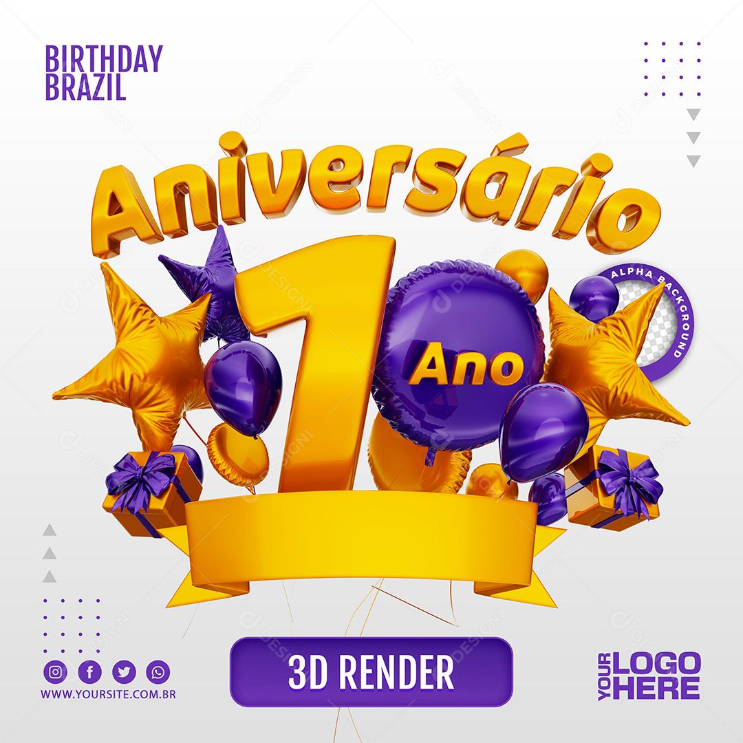 Anniversary 1 Year Purple 3D Stamp for Compositing PSD