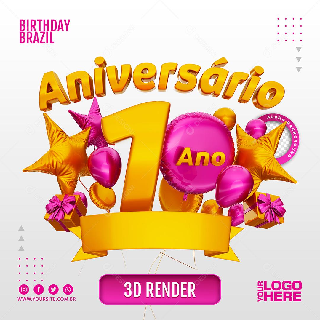 Aniversário 1 Ano Selo 3D Rosa para Composição PSD