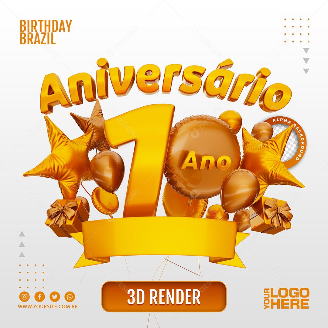 Aniversário 1 Ano Selo 3D Marom Claro para Composição PSD