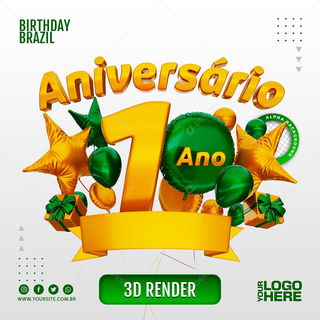 Aniversário 1 Ano Selo 3D Verde para Composição PSD