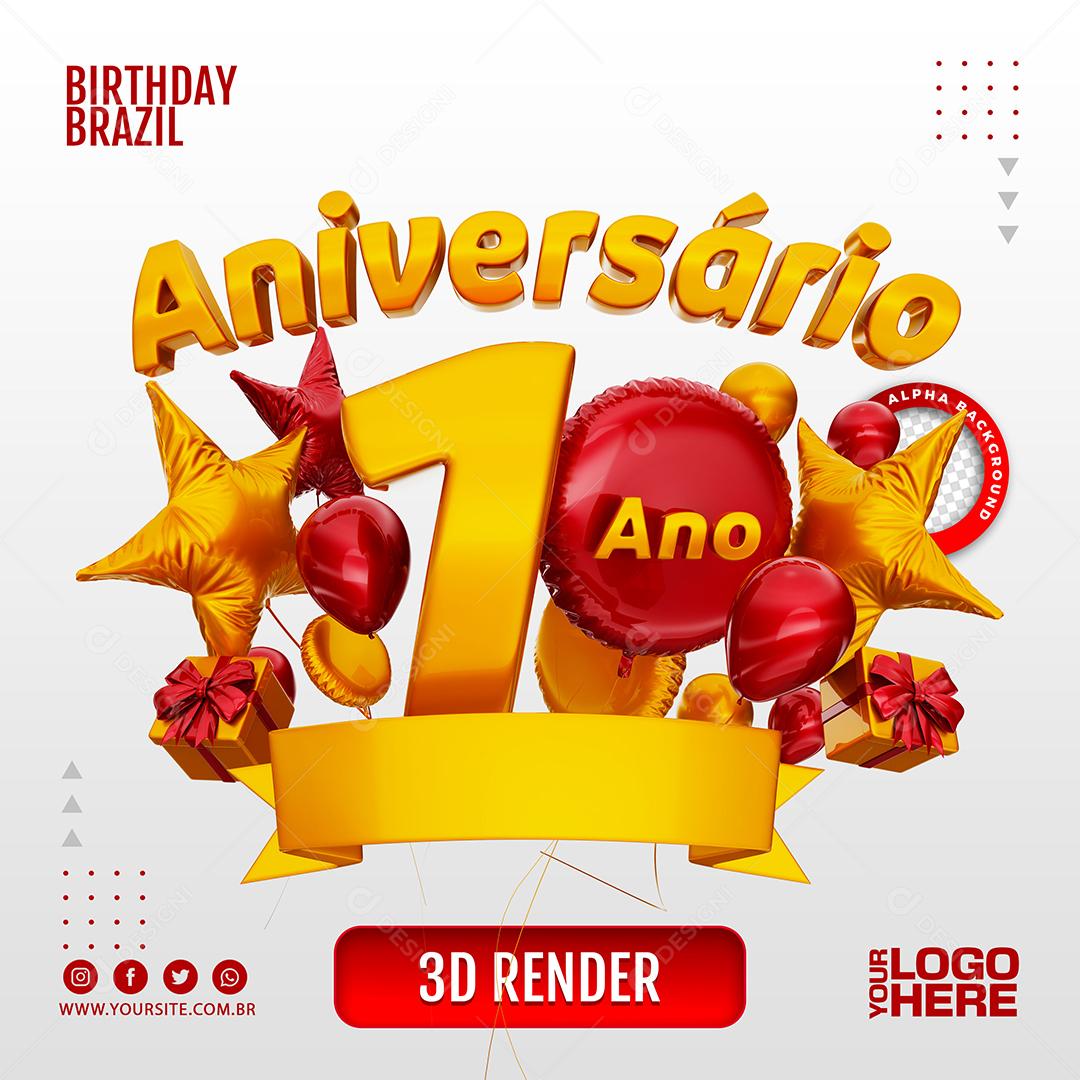 Aniversário 1 Ano Selo 3D Vermelho para Composição PSD