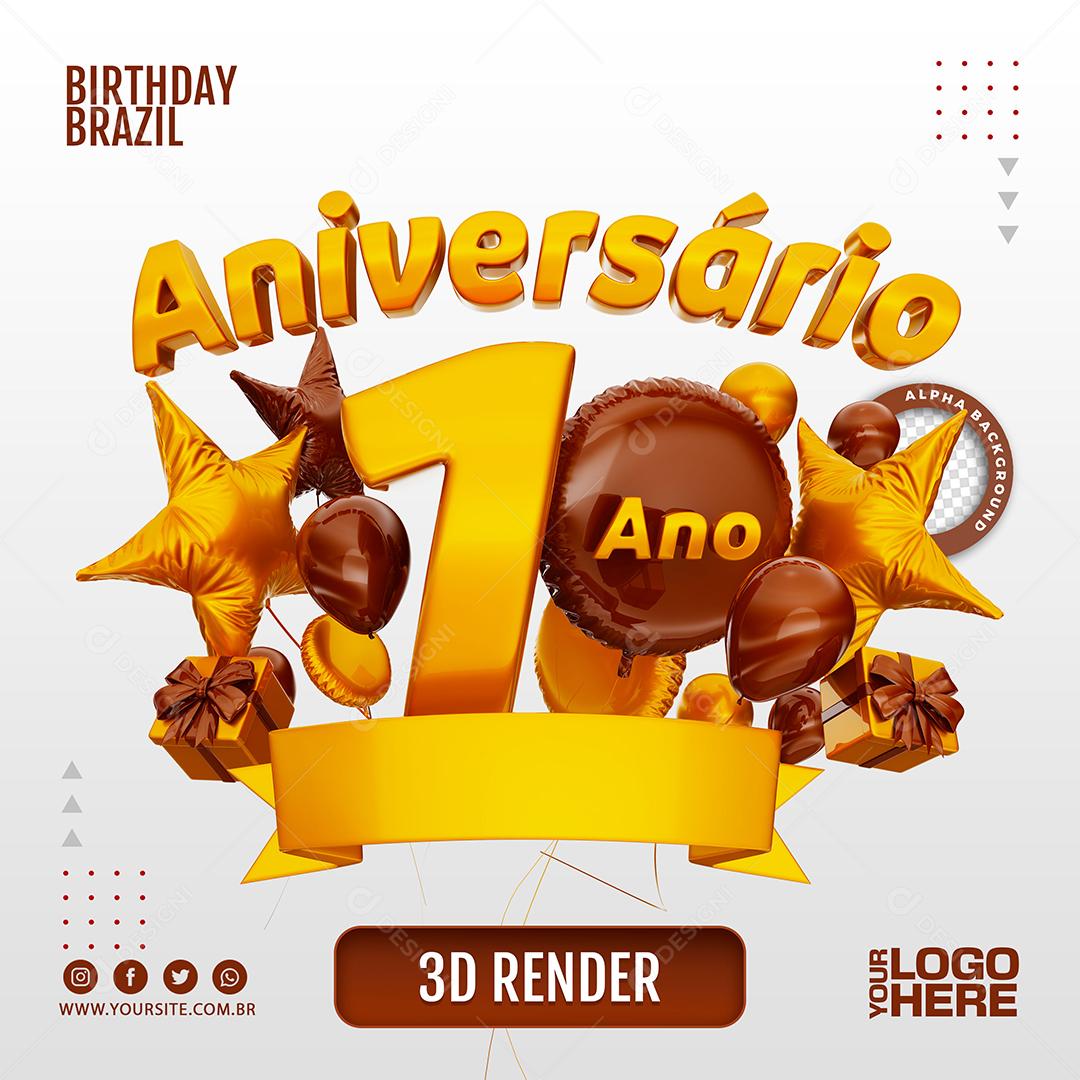 Aniversário 1 Ano Selo 3D Marom para Composição PSD