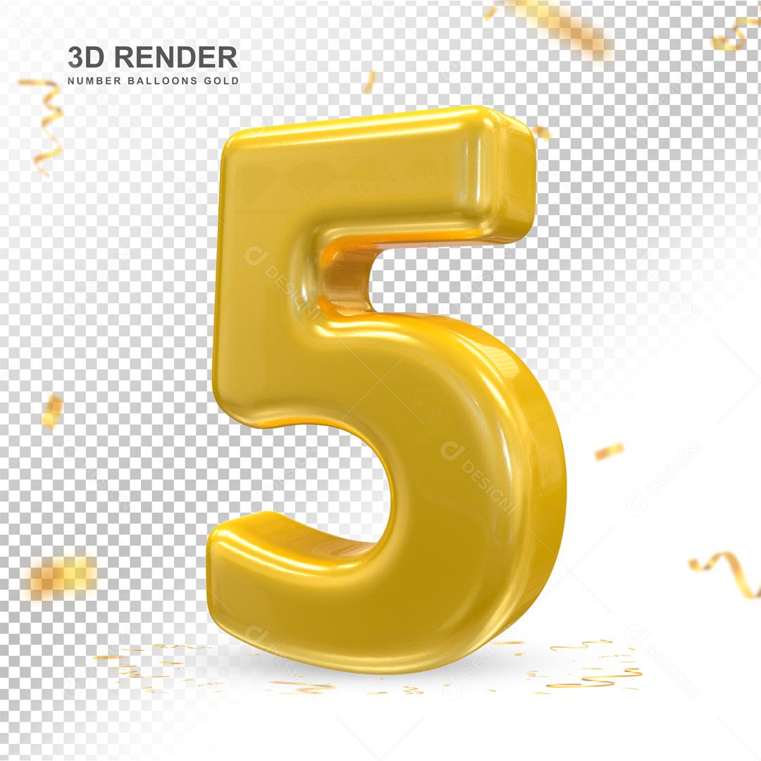 Número 3D 5 Dourado Para composição PSD