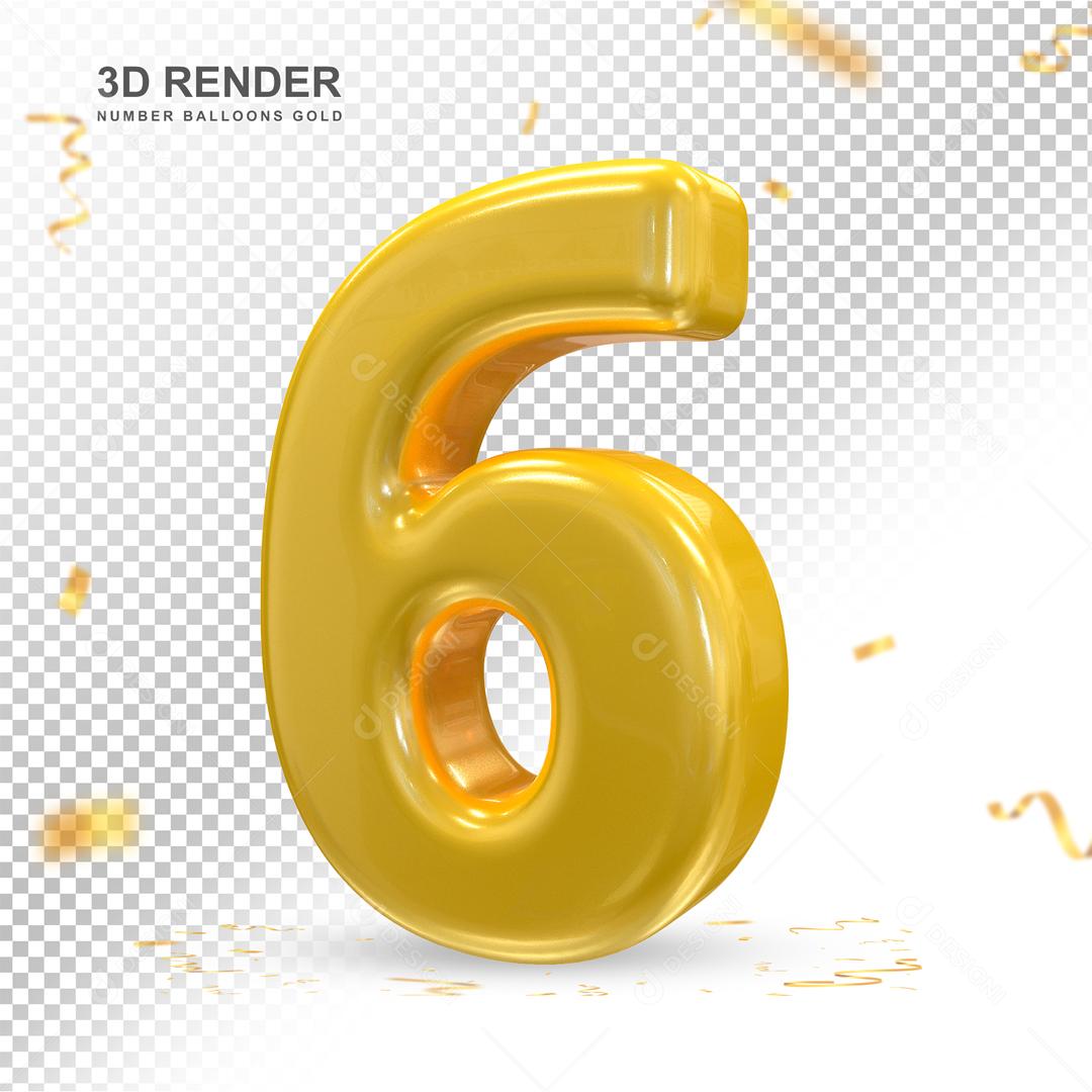 Número 3D 6 Dourado Para composição PSD