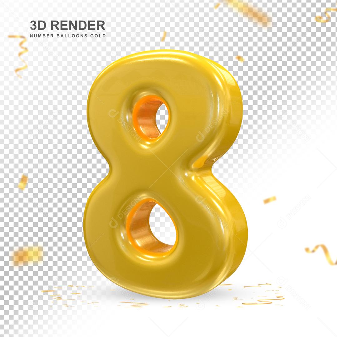 Número 3D 8 Dourado Para composição PSD