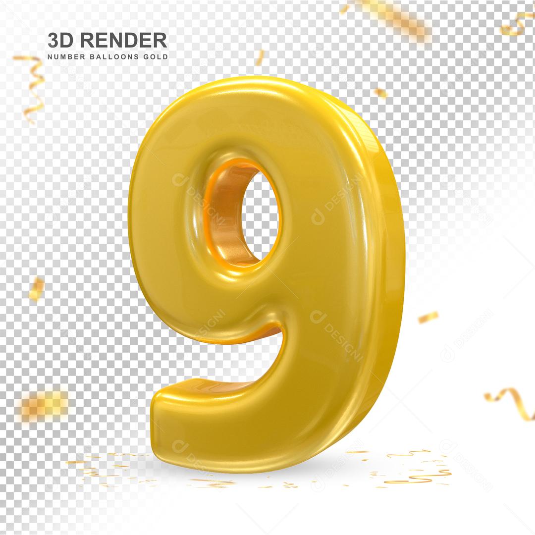 Número 3D 9 Dourado Para composição PSD
