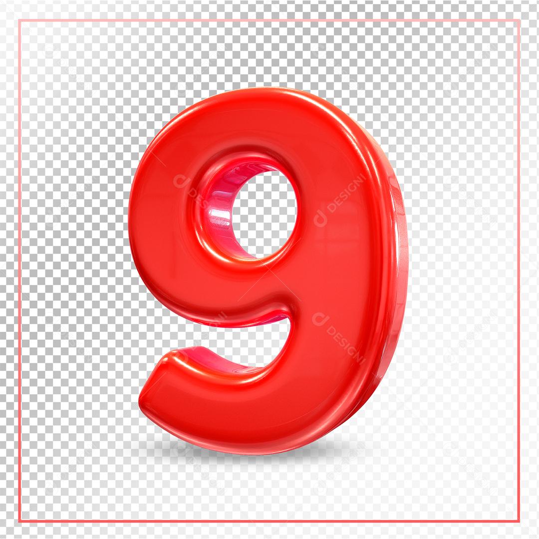 Número 3D 9 Vermelho Para composição PSD