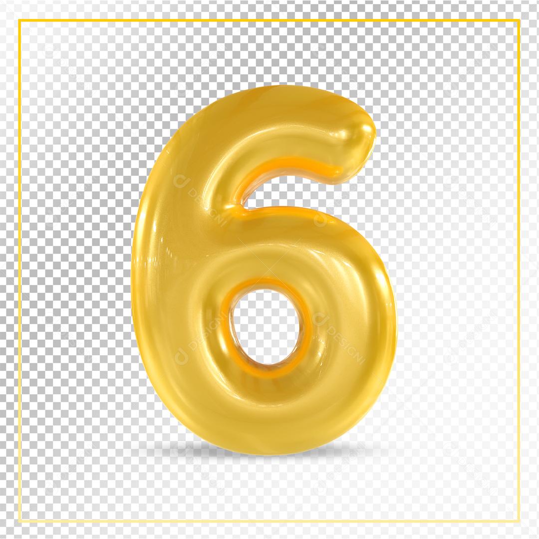 Número 3D 6 Dourado Para composição PSD