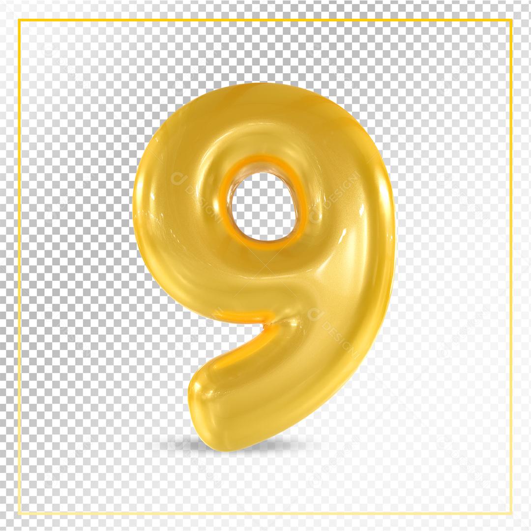 Número 3D 9 Dourado Para composição PSD