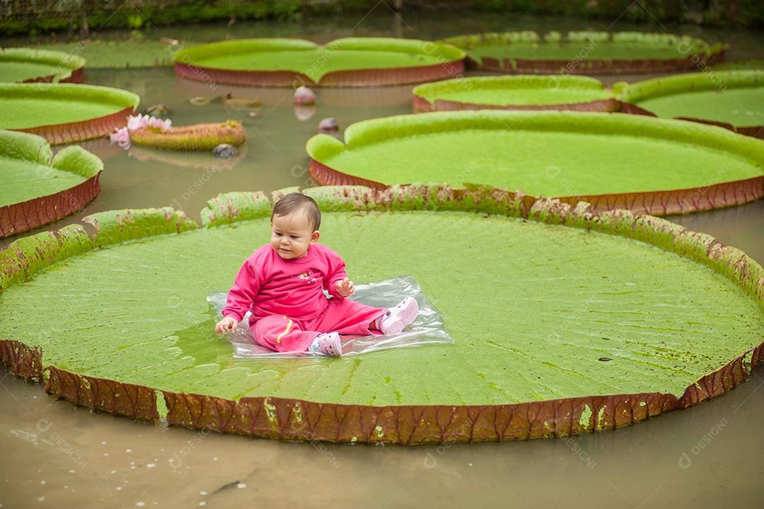 Paisagens de um lago cheio de vitória Regis com uma bebe em cima