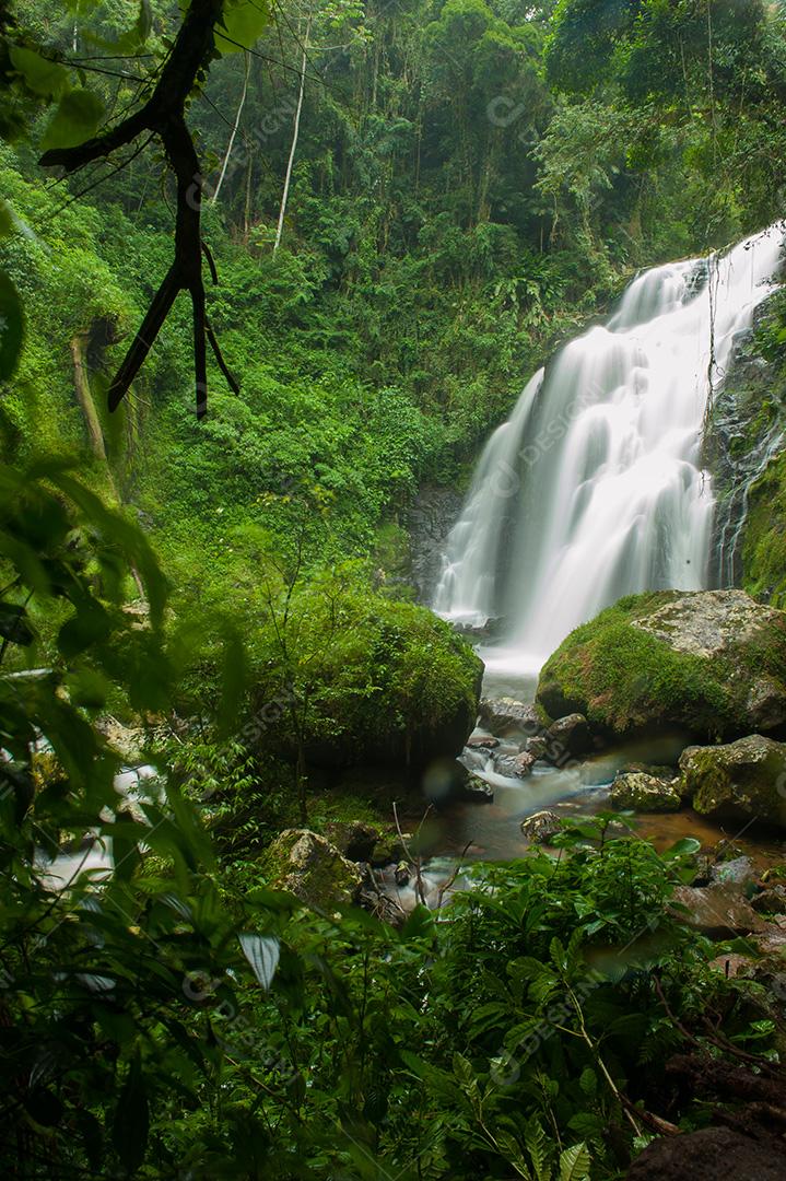 Paisagens de uma cachoeira rodeado de mata verde