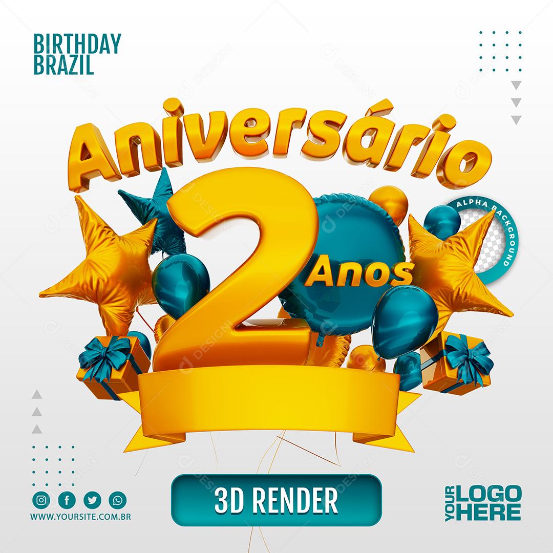 Aniversário 2 Anos Selo 3D Azul para Composição PSD