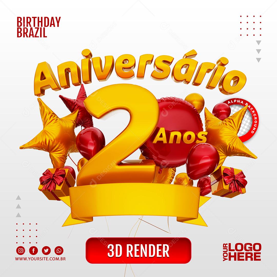 Aniversário 2 Anos Selo 3D Vermelho para Composição PSD
