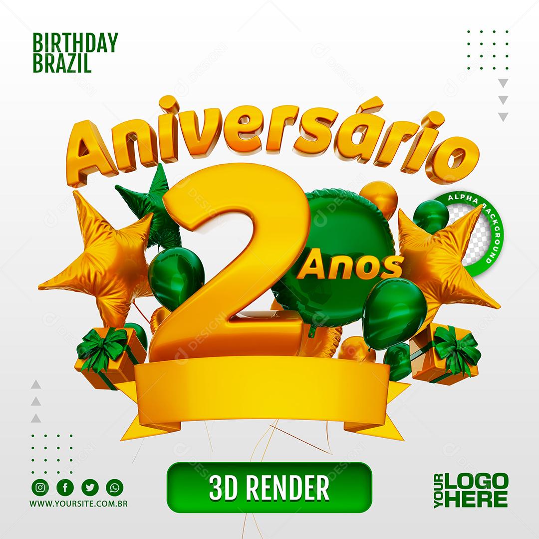 Aniversário 2 Anos Selo 3D Verde Escuro para Composição PSD