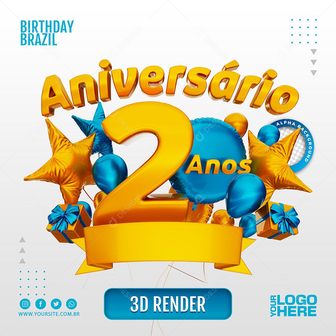 Aniversário 2 Anos Selo 3D Azul Claro para Composição PSD