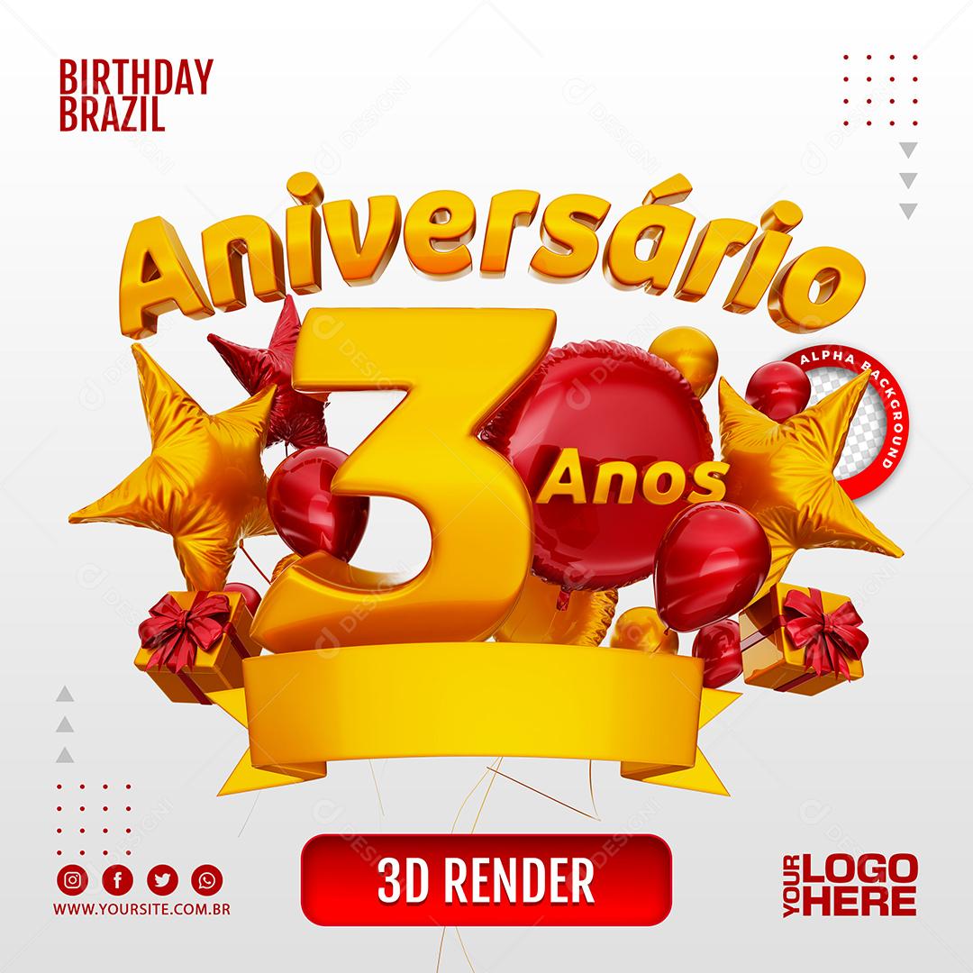 Aniversário 3 Anos Selo 3D Vermelho para Composição PSD