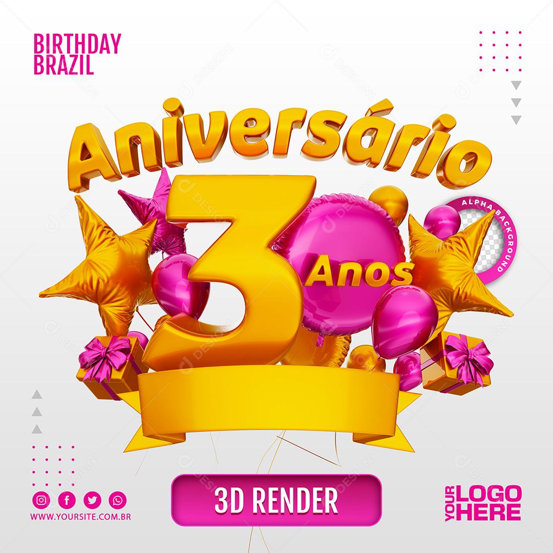 Aniversário 3 Anos Selo 3D Rosa para Composição PSD