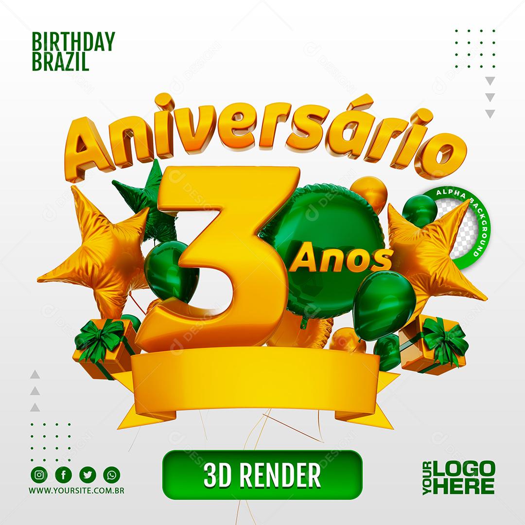 Aniversário 3 Anos Selo 3D Verde para Composição PSD