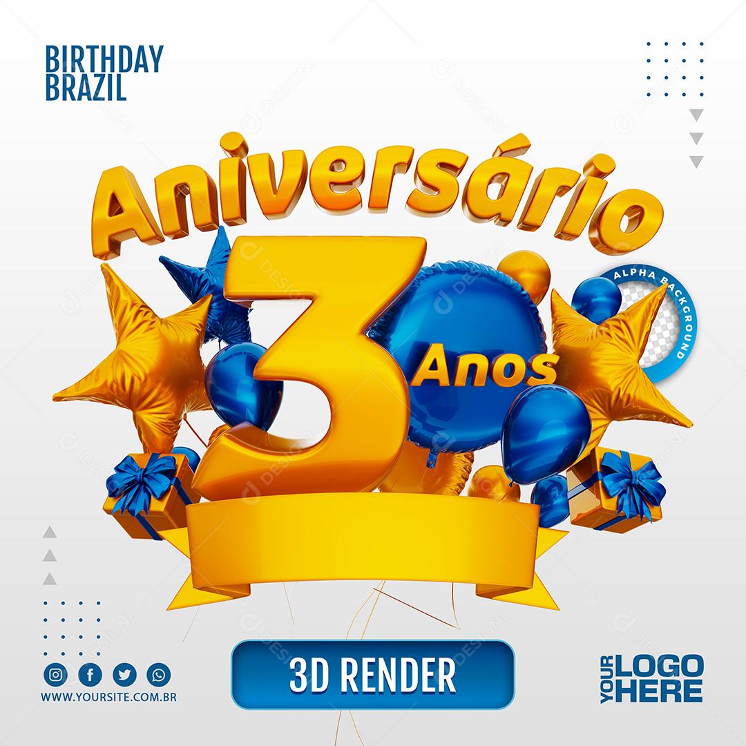 Aniversário 3 Anos Selo 3D Azul Escuro para Composição PSD