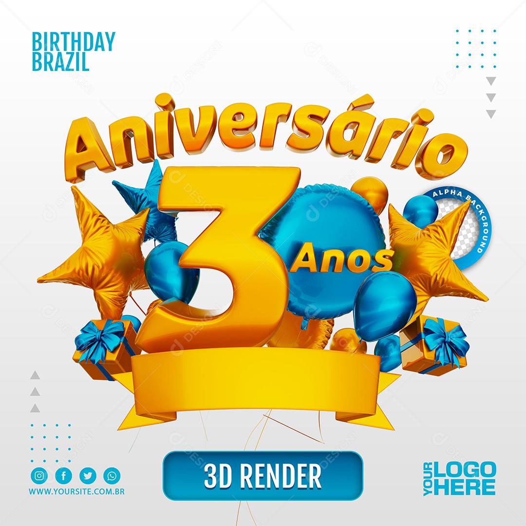 Aniversário 3 Anos Selo 3D Azul para Composição PSD