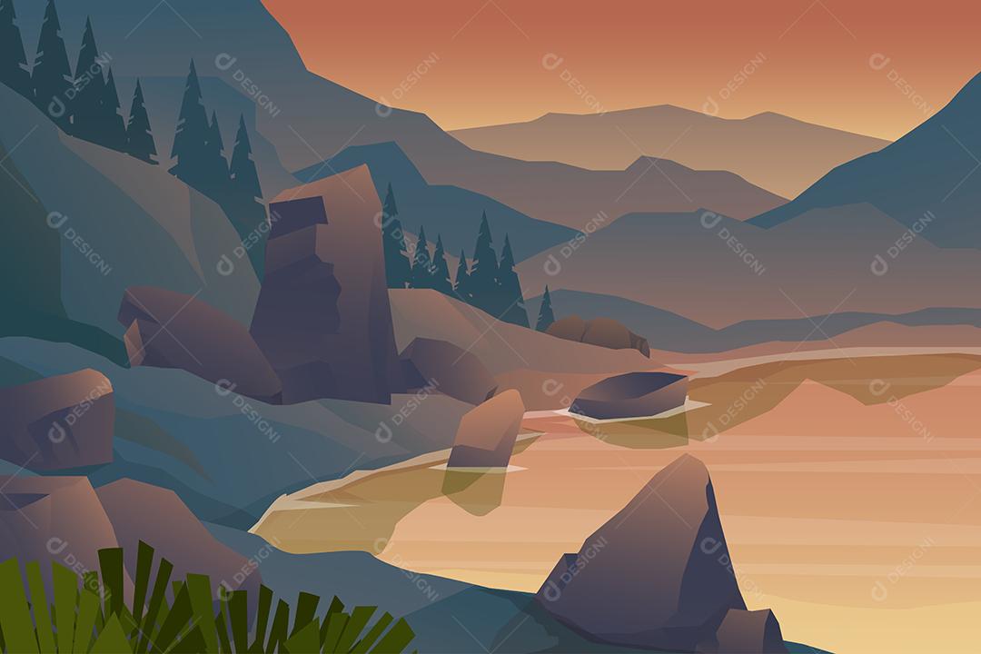 Ilustração cena natureza paisagem do lago e montanha Vetor EPS