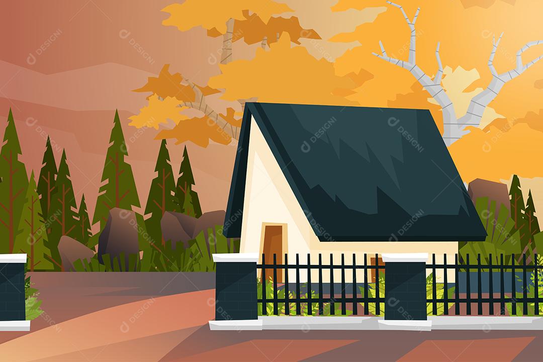 Ilustração casa com cerca em floresta natural Vetor EPS