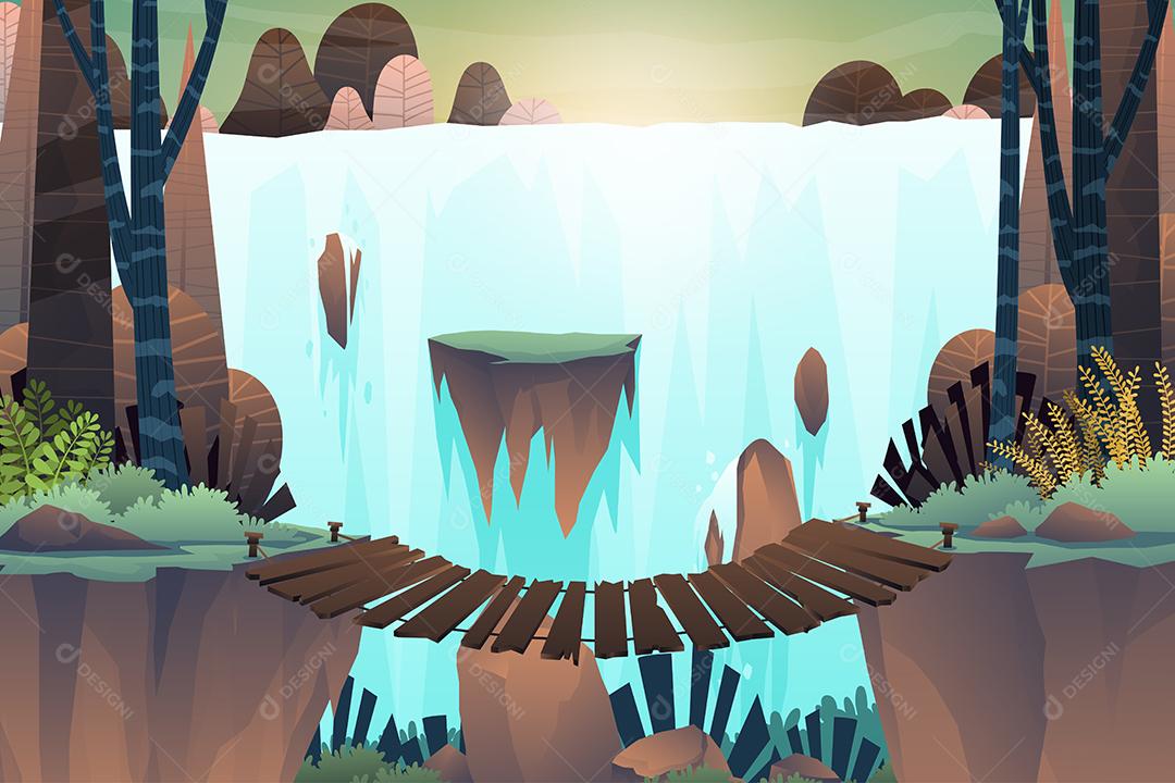 Cena Paisagem natural com cachoeira de montanha e penhasco Vetor EPS