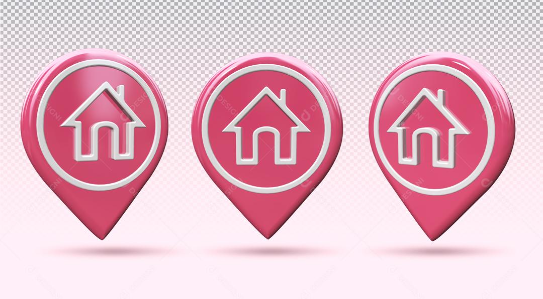 Ícone 3D de Localização de Casa Rosa para Composição PSD