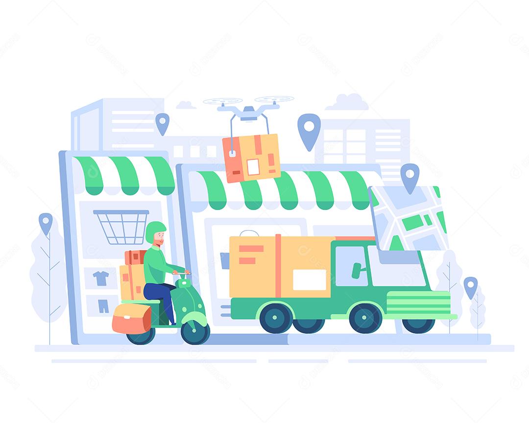 Vetor de veículo de entrega caminhão, motocicleta, conceito de transporte comercial logístico de drone.