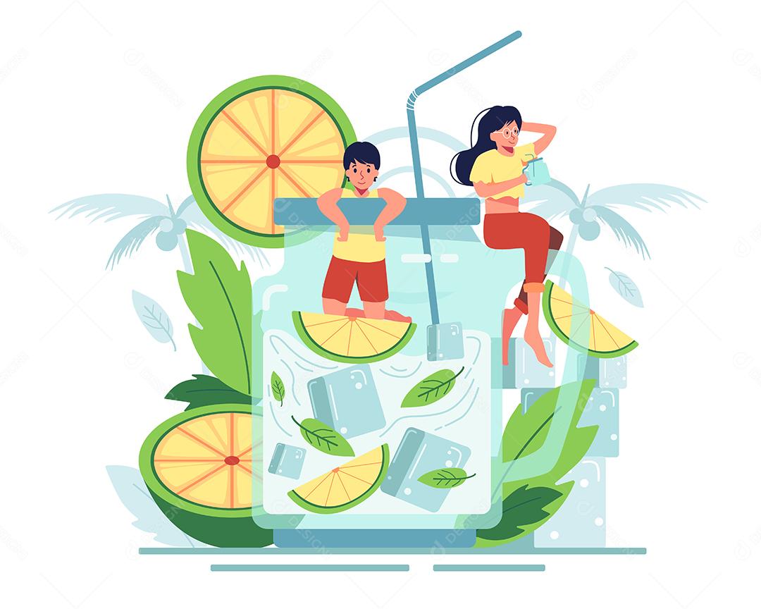 Ilustração casal bebendo suco de laranja com folhas de hortelã em um jarro transparente Vetor EPS