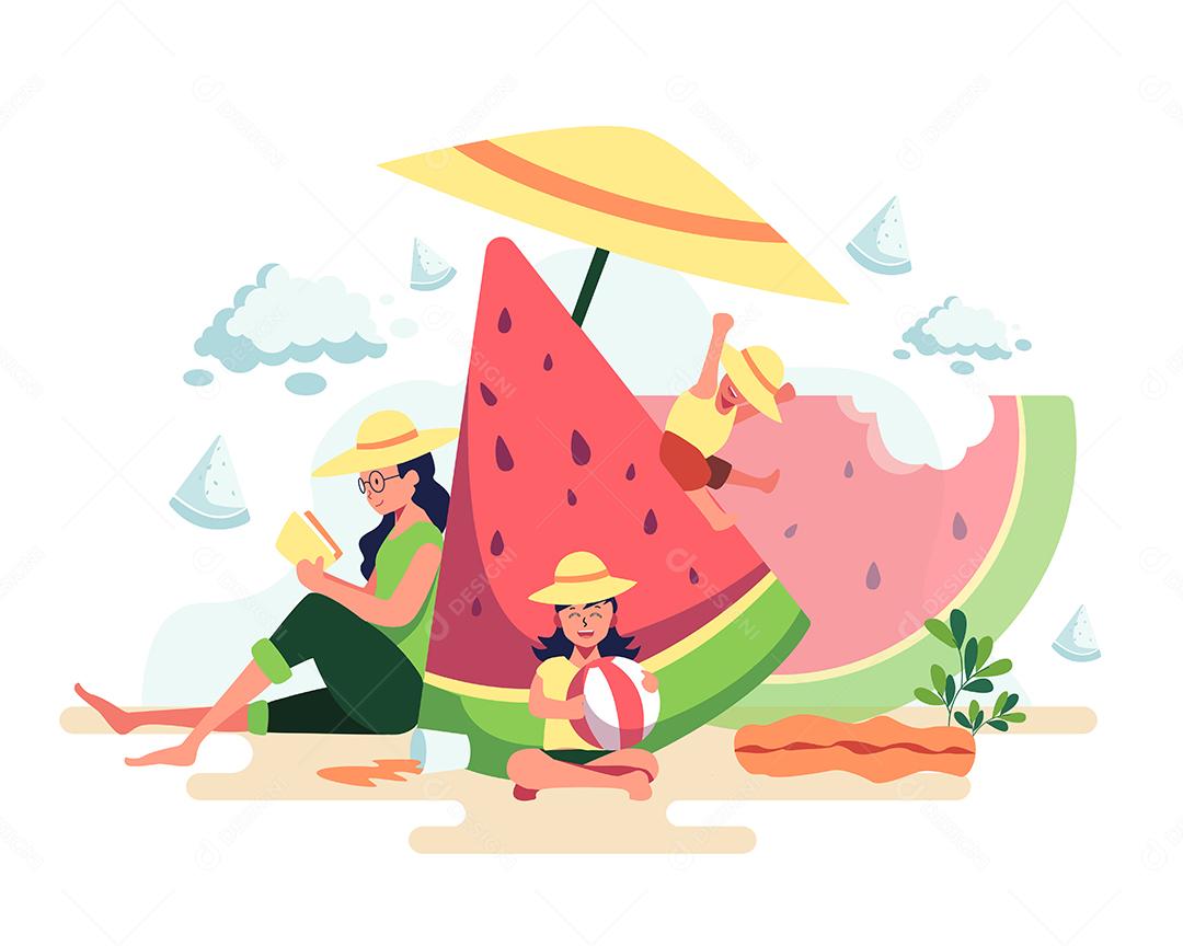 Ilustração Mãe e filhos de férias na praia Vetor EPS