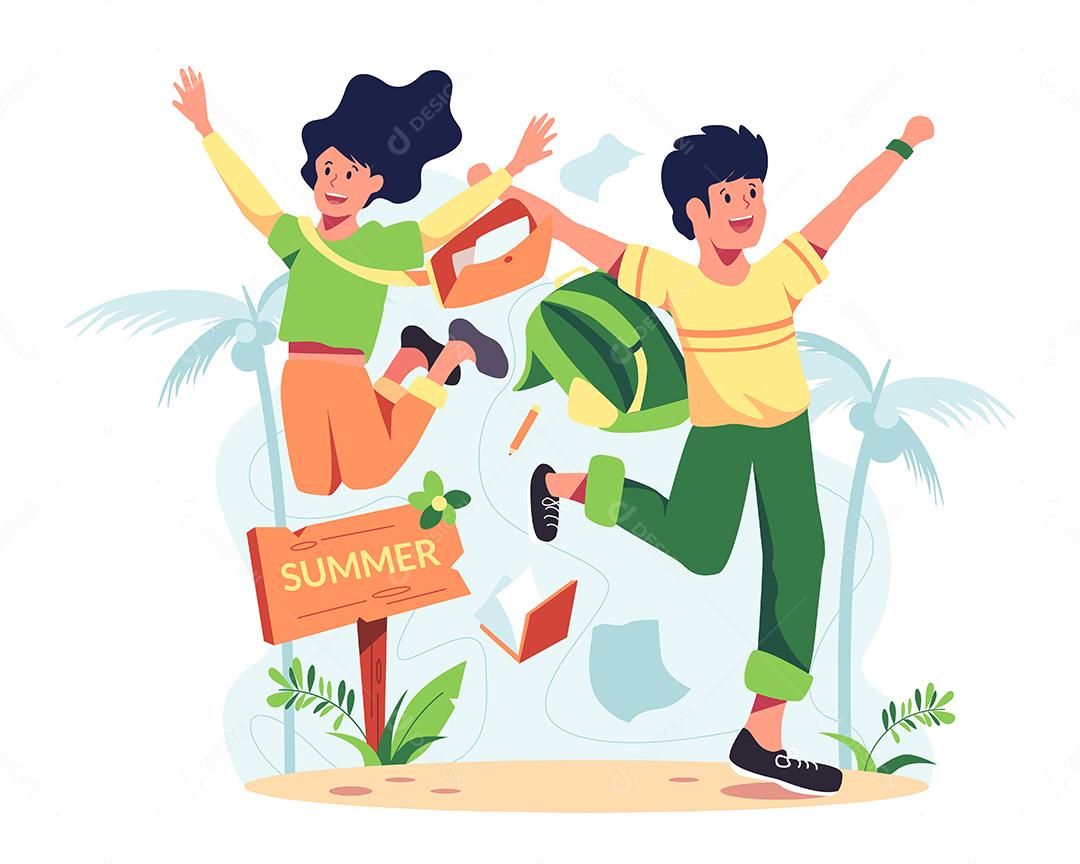 Casal pulando de alegria indo para praia Vetor EPS