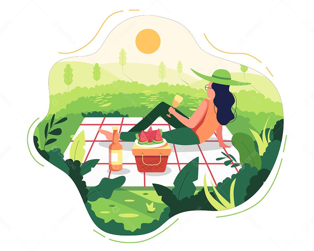 Uma garota sentada e tomando suco de laranja no parque Vetor EPS