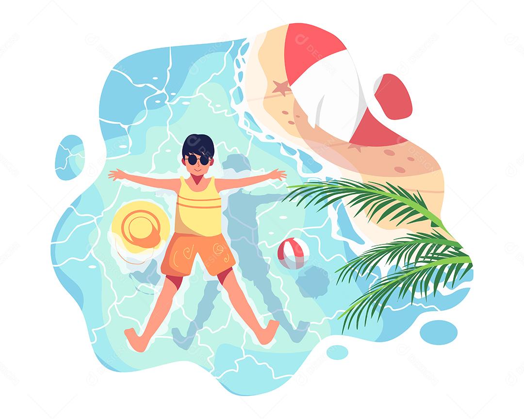 Jovem garoto brincando no mar com flutuador Vetor EPS