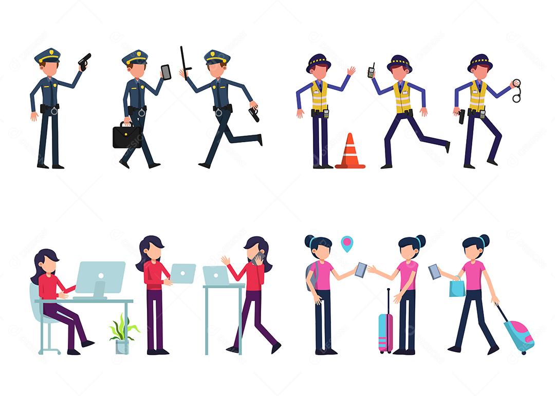 Conjuntos de personagens de várias carreira 4, 12 poses de vários profissionais Vetor EPS