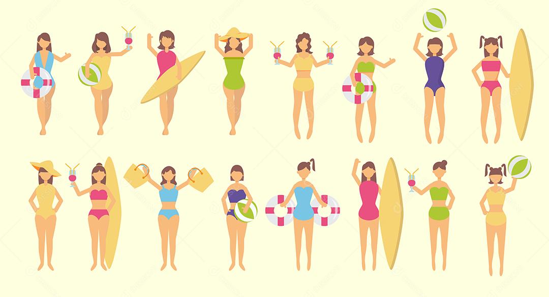 Pacote de personagens femininas 16 poses de praia verão