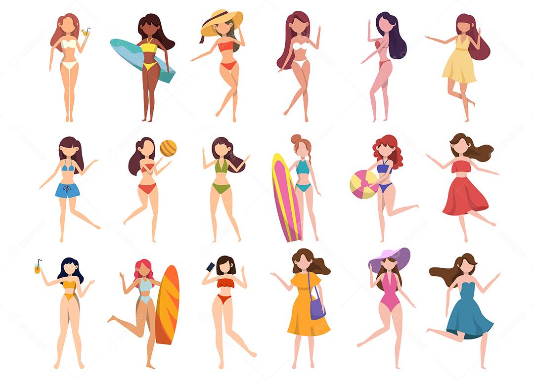 Pacote de personagens femininas Verão Praia Vetor EPS